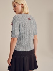 Grey with Tartan Bows Crew Neck Knitted T-Shirt With Wool - Image 4 of 8