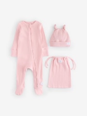 Angel & Rocket Pink Remy 100% Cotton Babygrow with Hat Set - Image 1 of 1