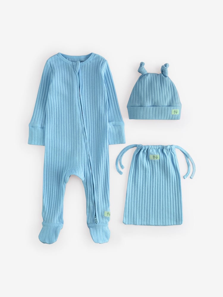 Angel & Rocket Blue Remy 100% Cotton Babygrow with Hat Set - Image 1 of 1