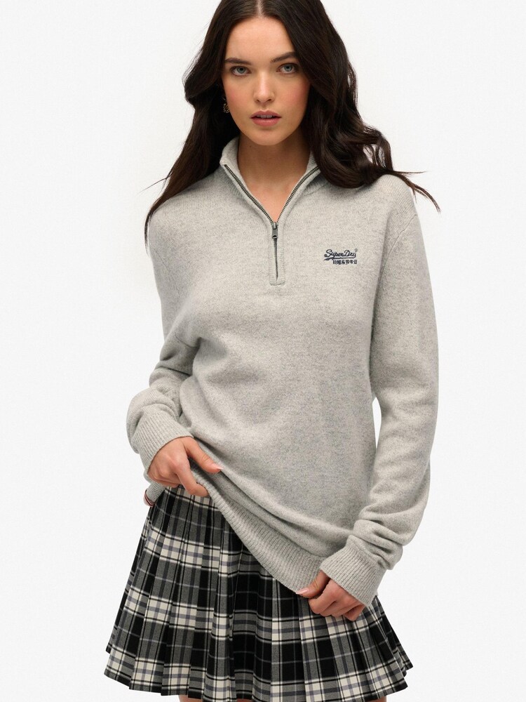 Superdry Grey Essential Embroidered Knitted Half Zip Jumper - Image 1 of 6 Superdry Grey Essential Embroidered Knitted Half Zip Jumper - Image 1 of 6
