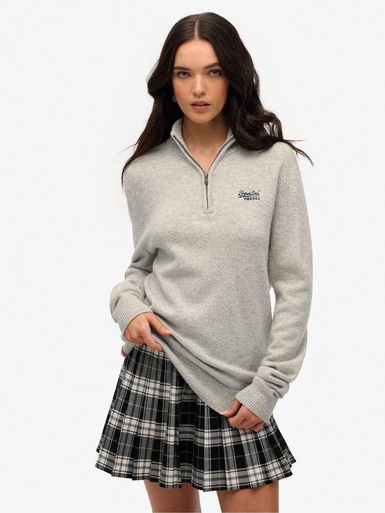 Superdry Grey Essential Embroidered Knitted Half Zip Jumper - Image 2 of 6 Superdry Grey Essential Embroidered Knitted Half Zip Jumper - Image 2 of 6