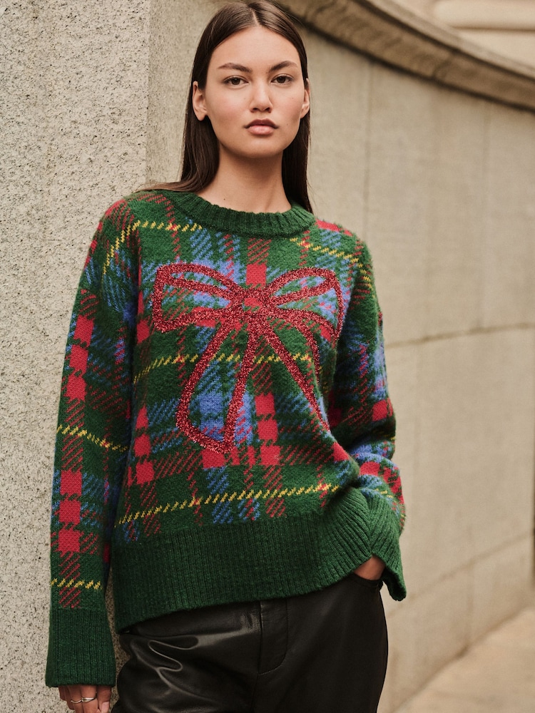 Green Tartan Tinsel Bow Christmas Jumper - Image 1 of 7 Green Tartan Tinsel Bow Christmas Jumper - Image 1 of 7