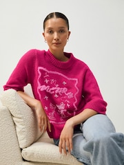 Bright Pink Christmas Tinsel Slogan Half Sleeve Knitted Jumper With Wool - Image 1 of 10