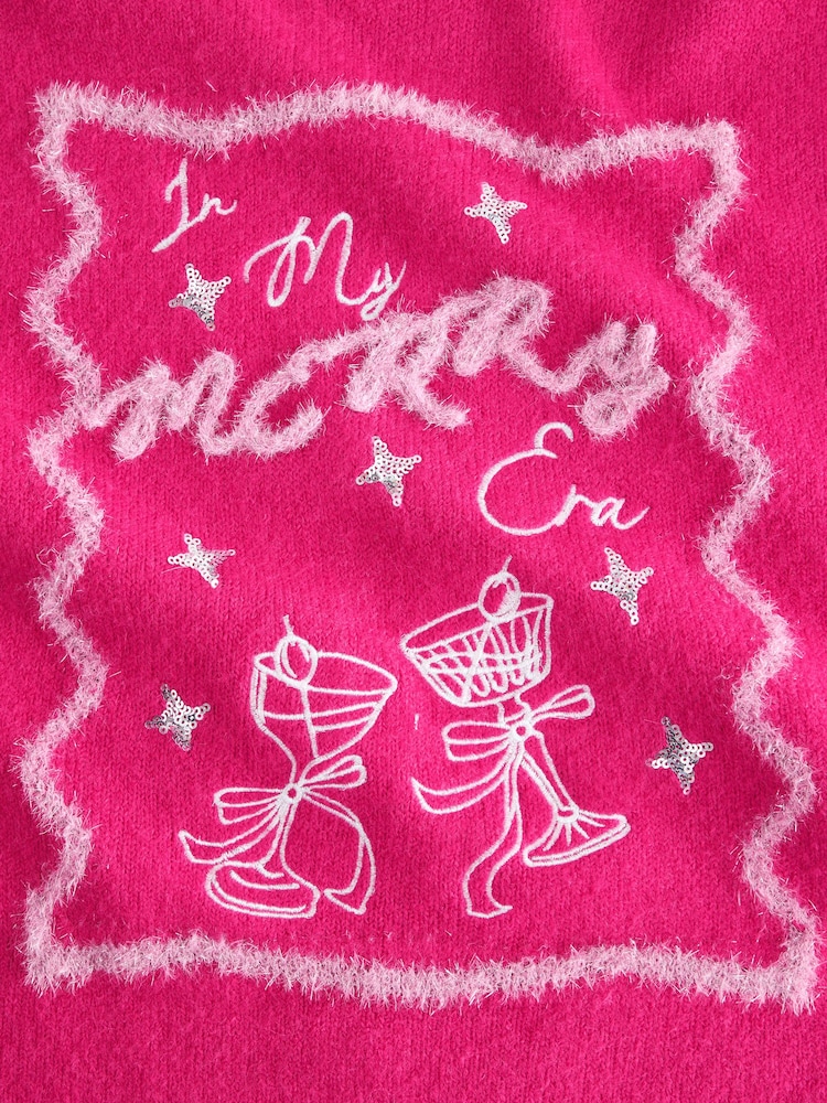 Bright Pink Christmas Tinsel Slogan Half Sleeve Knitted Jumper With Wool - Image 10 of 10