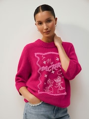 Bright Pink Christmas Tinsel Slogan Half Sleeve Knitted Jumper With Wool - Image 2 of 10