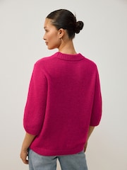 Bright Pink Christmas Tinsel Slogan Half Sleeve Knitted Jumper With Wool - Image 3 of 10