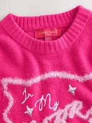Bright Pink Christmas Tinsel Slogan Half Sleeve Knitted Jumper With Wool - Image 7 of 10