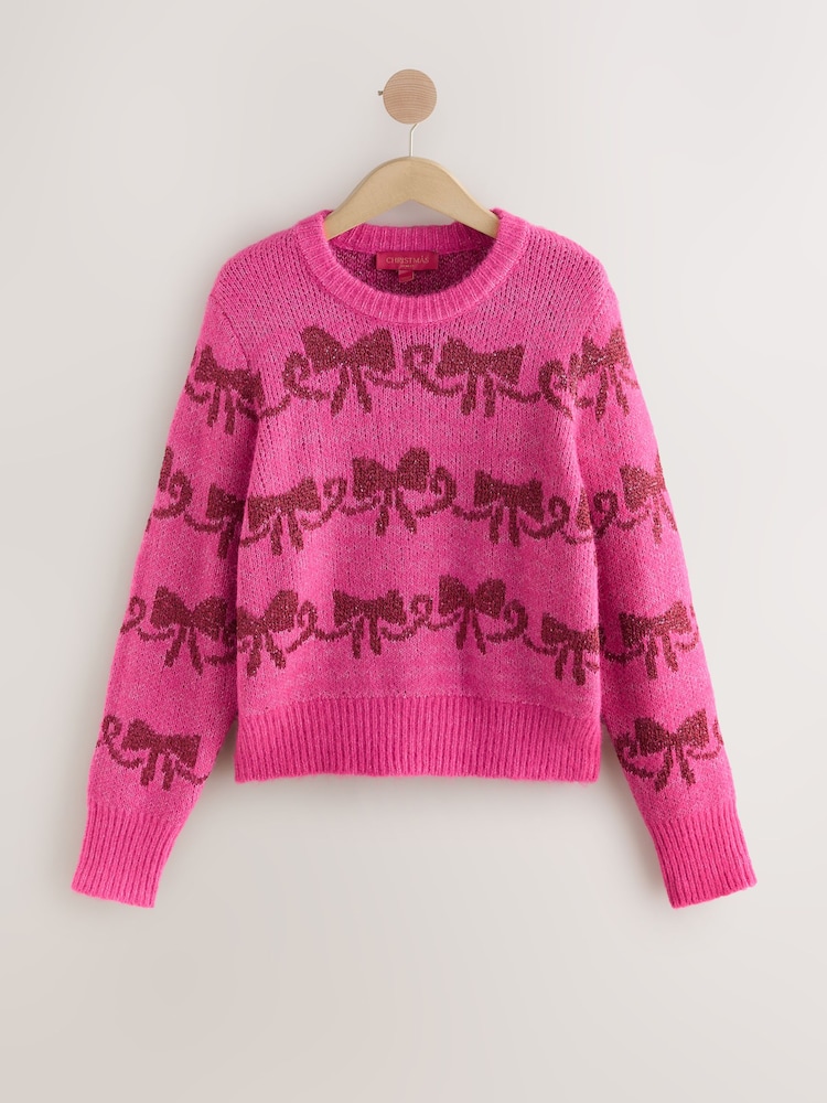 Bright Pink Sparkle Bow Christmas Jumper - Image 1 of 3 Bright Pink Sparkle Bow Christmas Jumper - Image 1 of 3