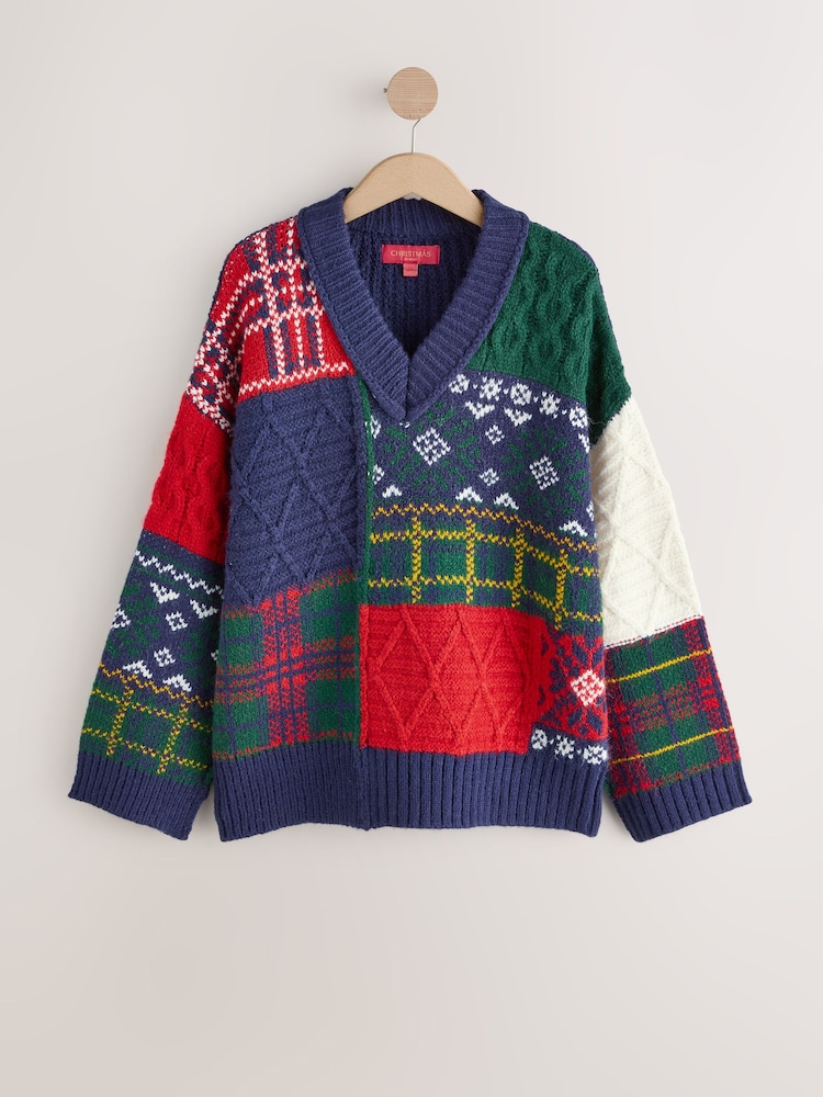 Navy Red Green Patched Christmas Cardigan - Image 1 of 3 Navy Red Green Patched Christmas Cardigan - Image 1 of 3