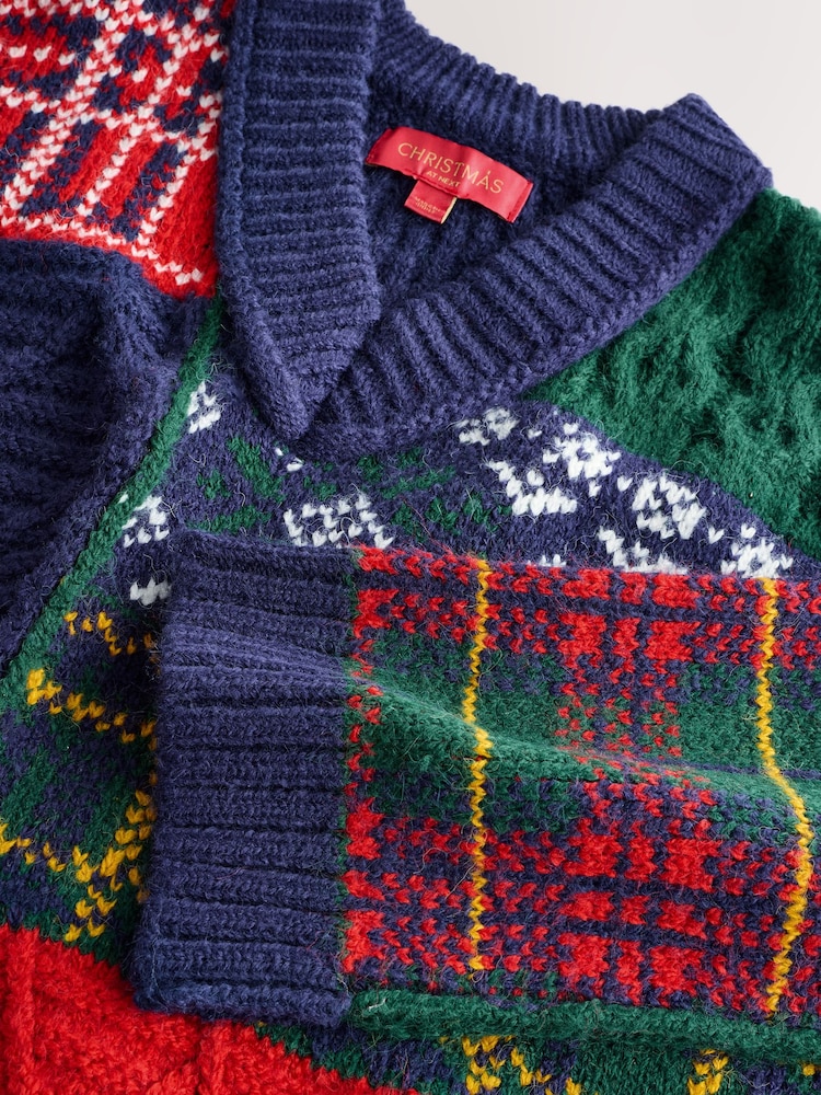 Navy Red Green Patched Christmas Cardigan - Image 2 of 3 Navy Red Green Patched Christmas Cardigan - Image 2 of 3