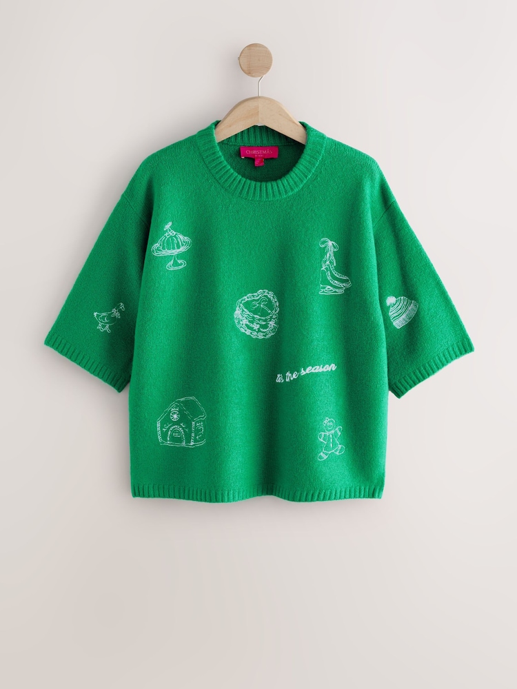Bright Green Embroidered Graphic Christmas Jumper - Image 1 of 3