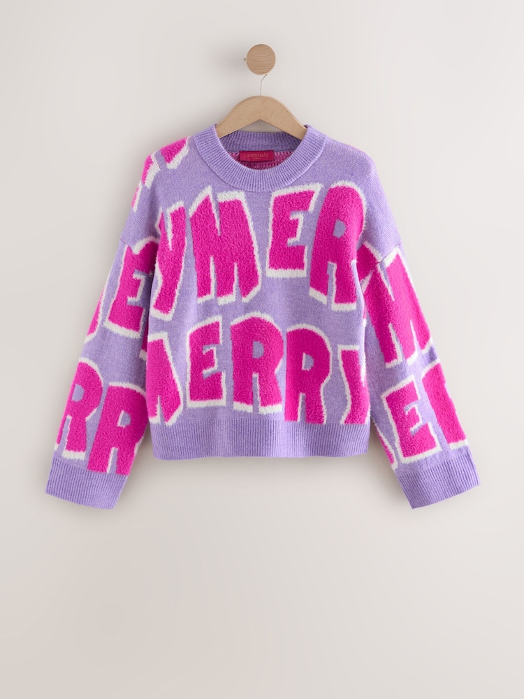 Lilac Purple/Pink Merry Graphic Christmas Jumper - Image 1 of 3