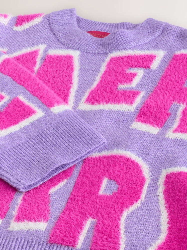 Lilac Purple/Pink Merry Graphic Christmas Jumper - Image 2 of 3 Lilac Purple/Pink Merry Graphic Christmas Jumper - Image 2 of 3