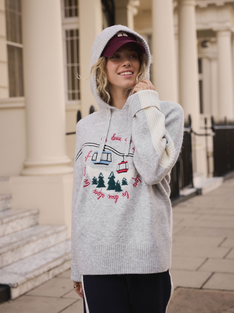 Cinza claro - Embroidered Ski Scene Knitted Hooded Jumper - Imagem 1 de 8 Cinza claro - Embroidered Ski Scene Knitted Hooded Jumper - Imagem 1 de 8