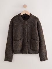 Chocolate Brown Boucle Pocket Crew Neck Cardigan With Wool - Image 1 of 4