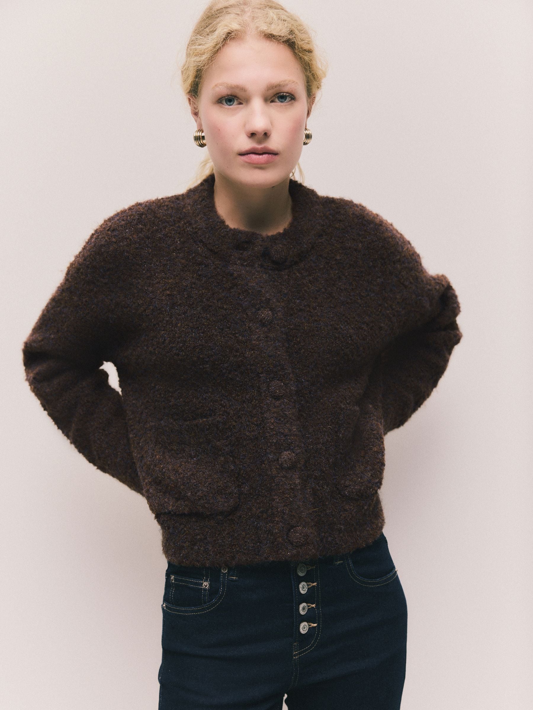 Buy Chocolate Brown Boucle Pocket Crew Neck Cardigan With Wool