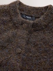 Chocolate Brown Boucle Pocket Crew Neck Cardigan With Wool - Image 2 of 4