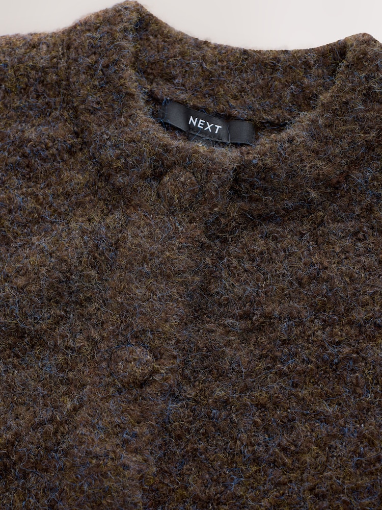 Chocolate Brown Boucle Pocket Crew Neck Cardigan With Wool - Image 2 of 4