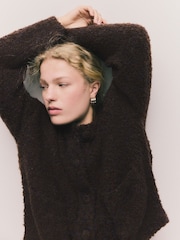 Chocolate Brown Boucle Pocket Crew Neck Cardigan With Wool - Image 5 of 8
