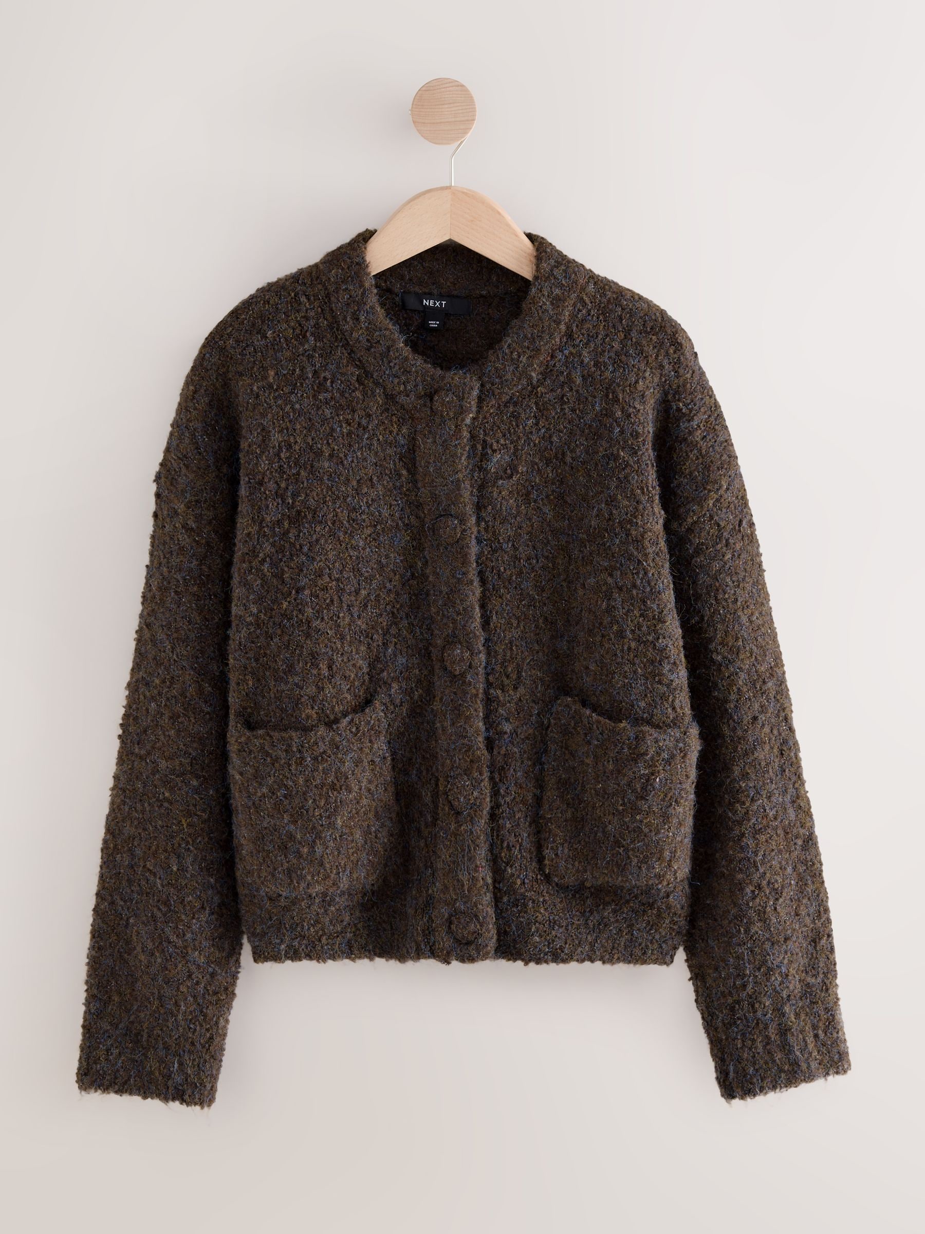 Buy Chocolate Brown Boucle Pocket Crew Neck Cardigan With Wool