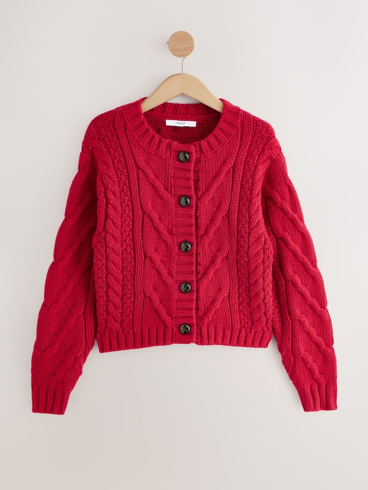 Cherry Red Chunky Cable Knit Cardigan - Image 1 of 3