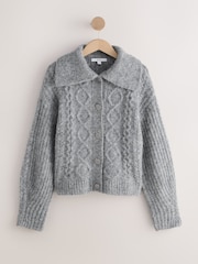 Cinza - Cardigan de gola alta em malha trançada com Blend de lã - Imagem 1 de 5