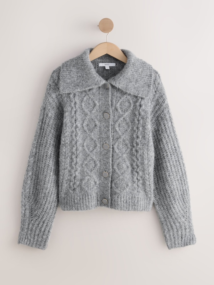Cinza - Cardigan de gola alta em malha trançada com Blend de lã - Imagem 1 de 5