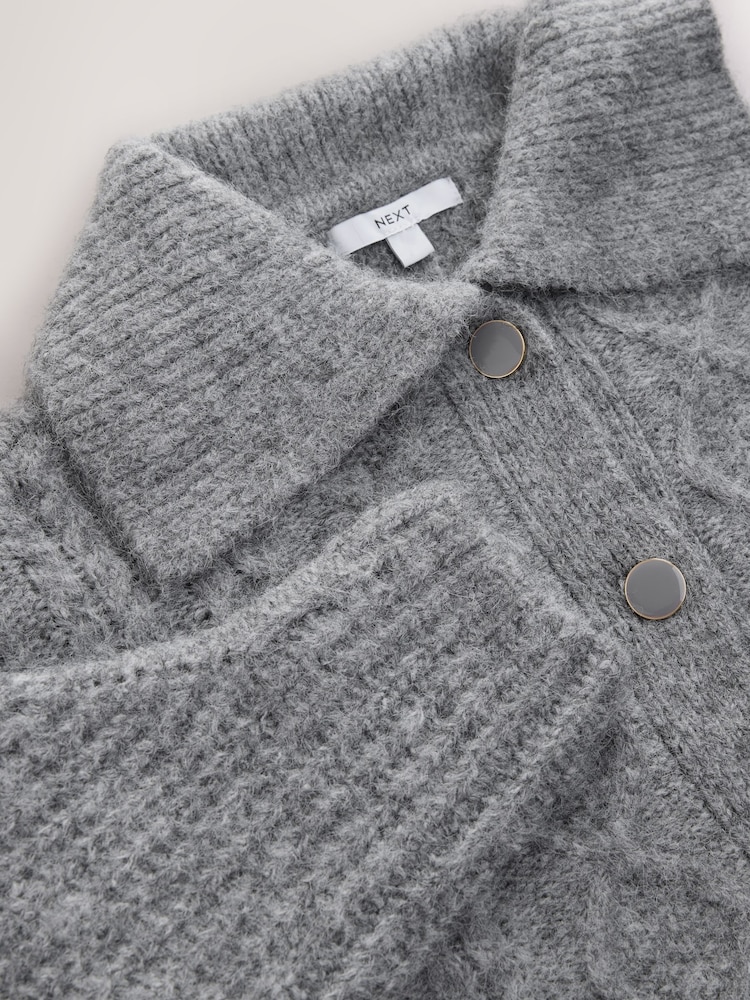 Cinza - Cardigan de gola alta em malha trançada com Blend de lã - Imagem 2 de 5