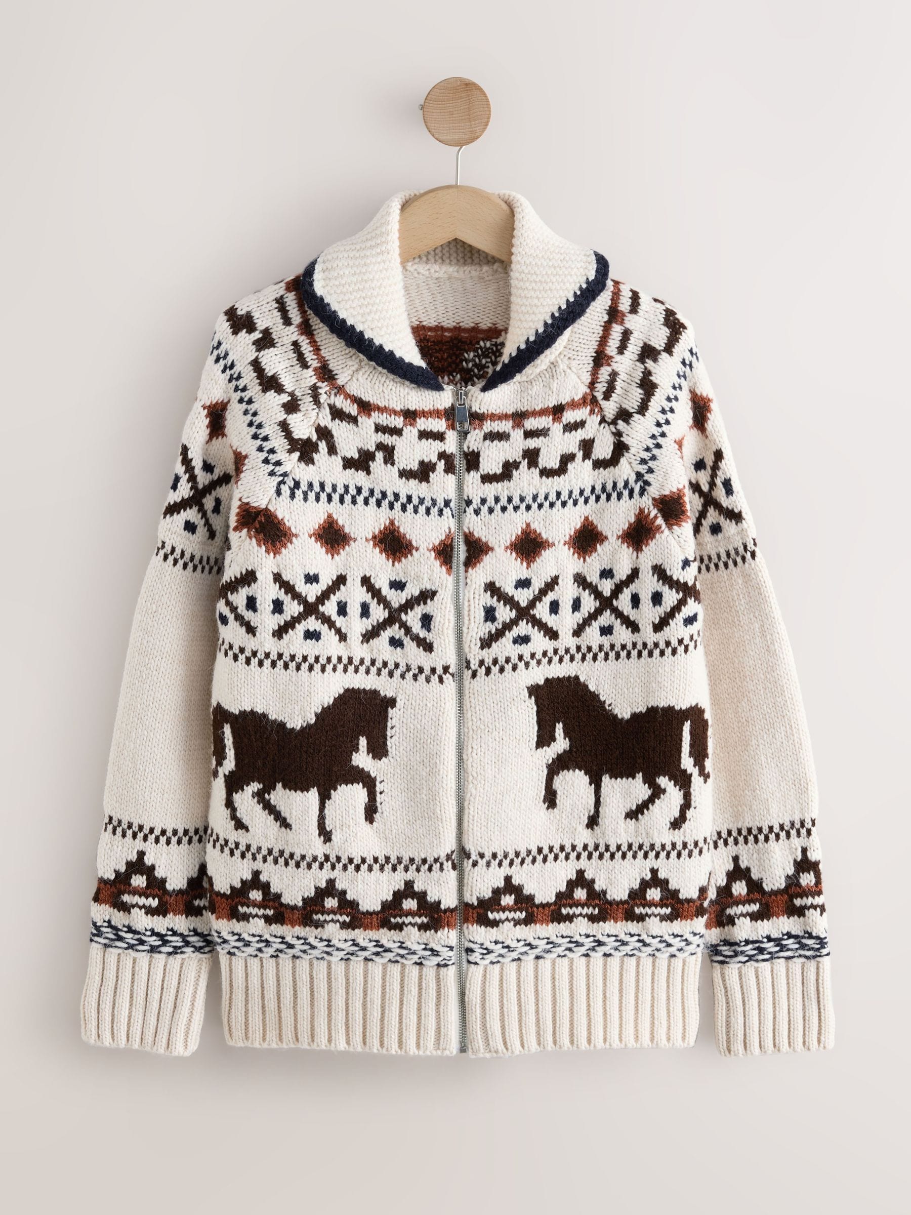Buy Ecru/Brown Horse Graphic Zip-Up Chunky Cardigan from Next USA