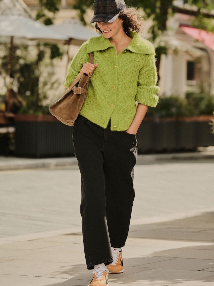 Bright Green Wool Blend Cable Knit Collar Cardigan - Image 2 of 8 Bright Green Wool Blend Cable Knit Collar Cardigan - Image 2 of 8