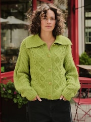 Bright Green Wool Blend Cable Knit Collar Cardigan - Image 3 of 8