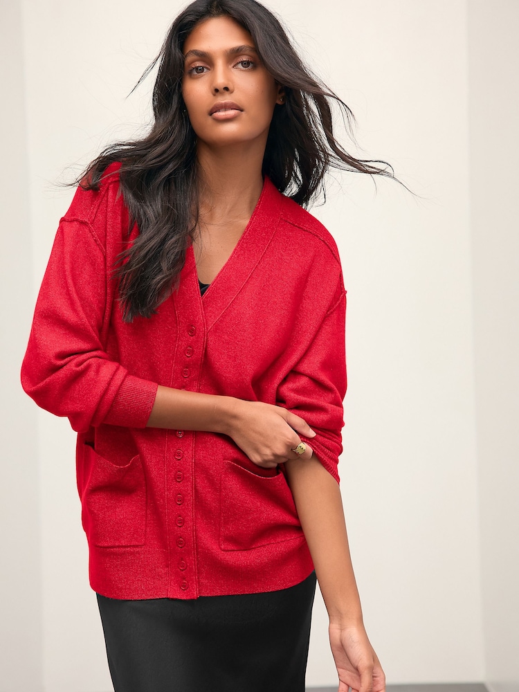 Red Supersoft V-Neck Cardigan With Pockets - Image 1 of 10