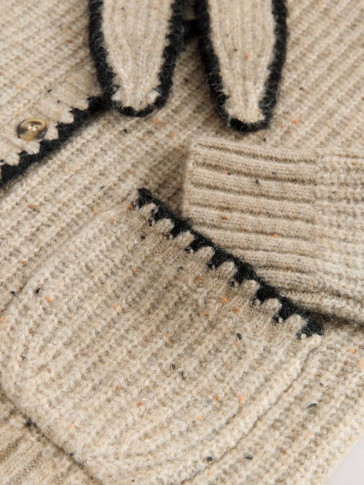 Neutral Neppy Contrast Stitch Tie Neck Scarf Cardigan - Image 4 of 4