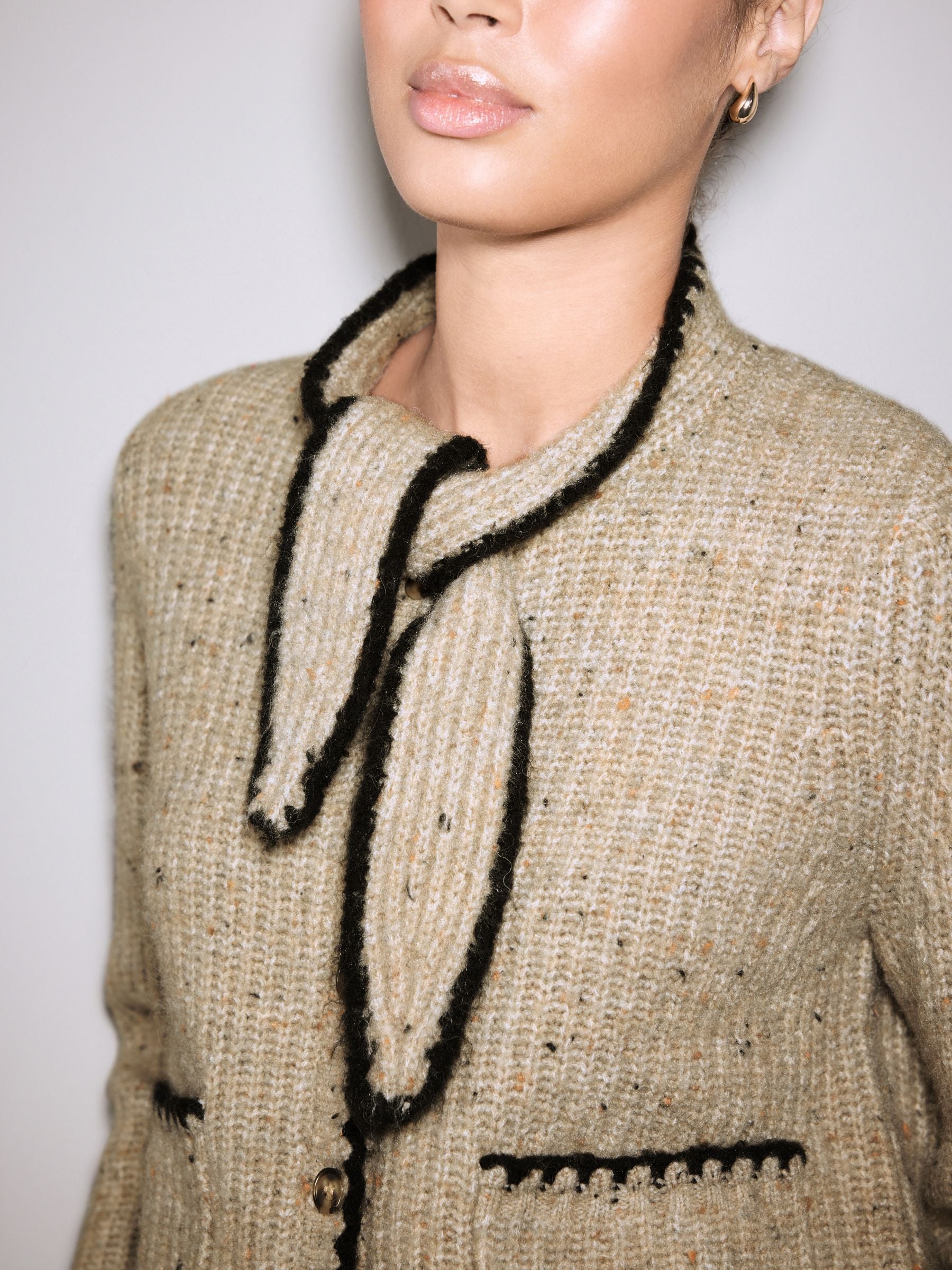 Buy Neutral Neppy Contrast Stitch Tie Neck Scarf Cardigan from the