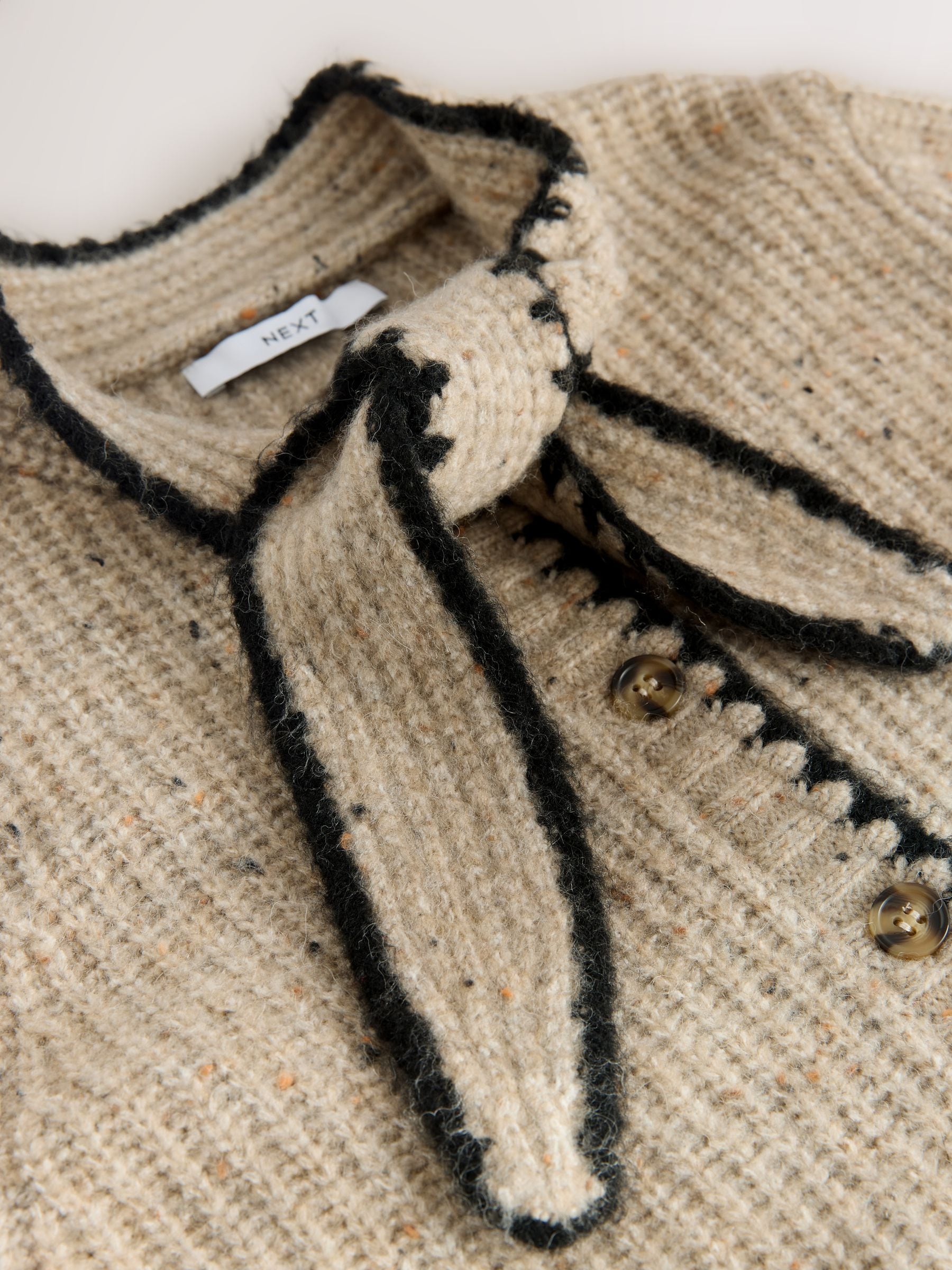 Buy Neutral Neppy Contrast Stitch Tie Neck Scarf Cardigan from