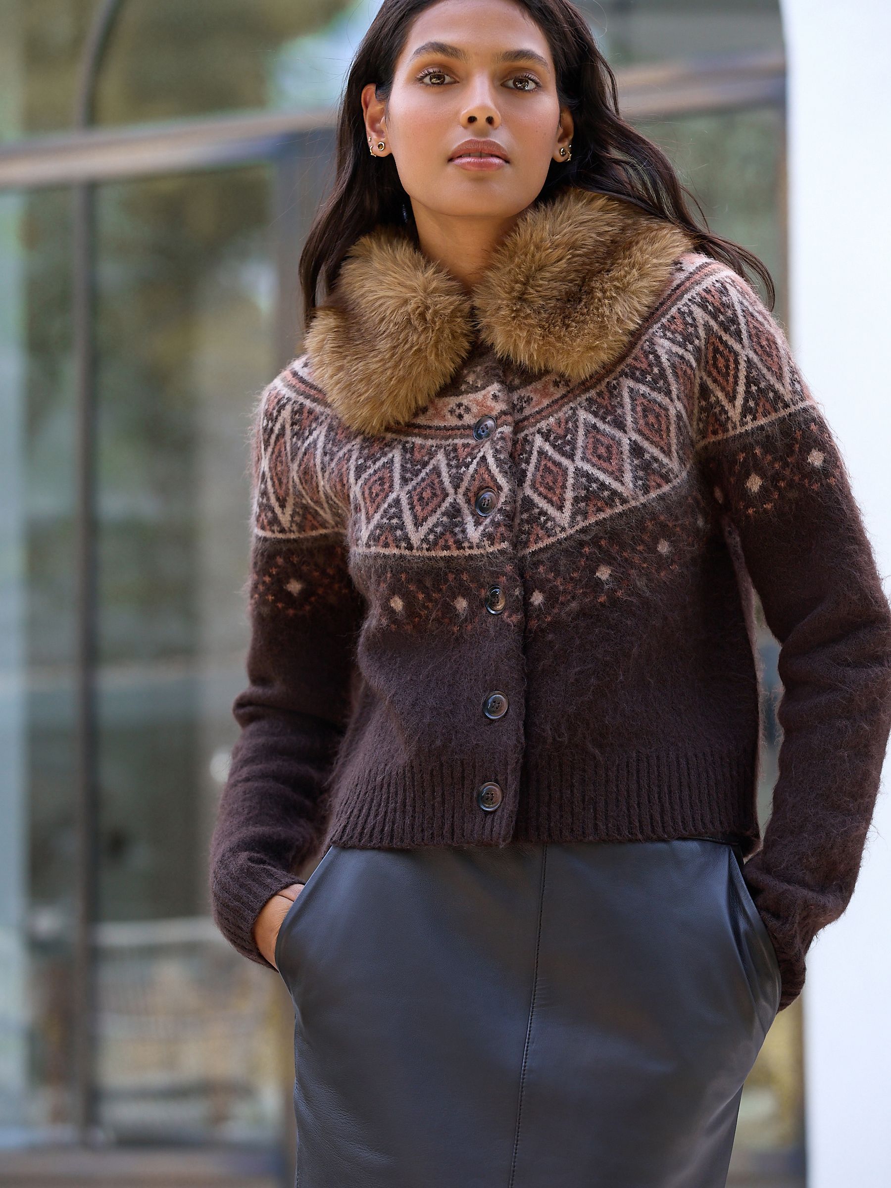 Buy Chocolate Brown Fairisle Pattern Faux Fur Collar Cardigan from