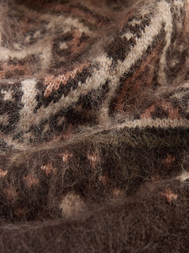 Chocolate Brown Fairisle Pattern Faux Fur Collar Cardigan - Image 2 of 3