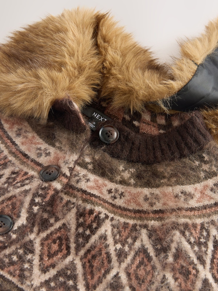 Chocolate Brown Fairisle Pattern Faux Fur Collar Cardigan - Image 3 of 3