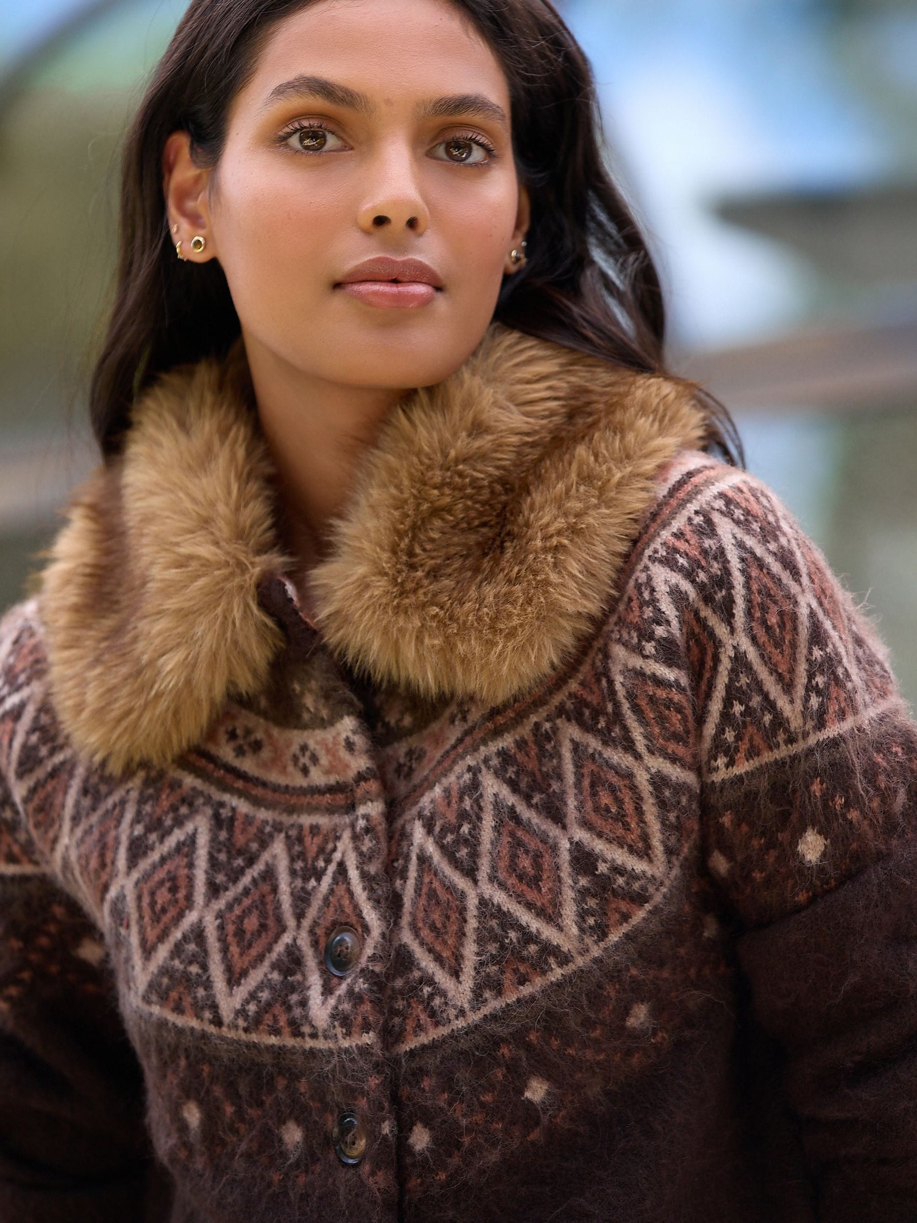 Buy Chocolate Brown Fairisle Pattern Faux Fur Collar Cardigan from