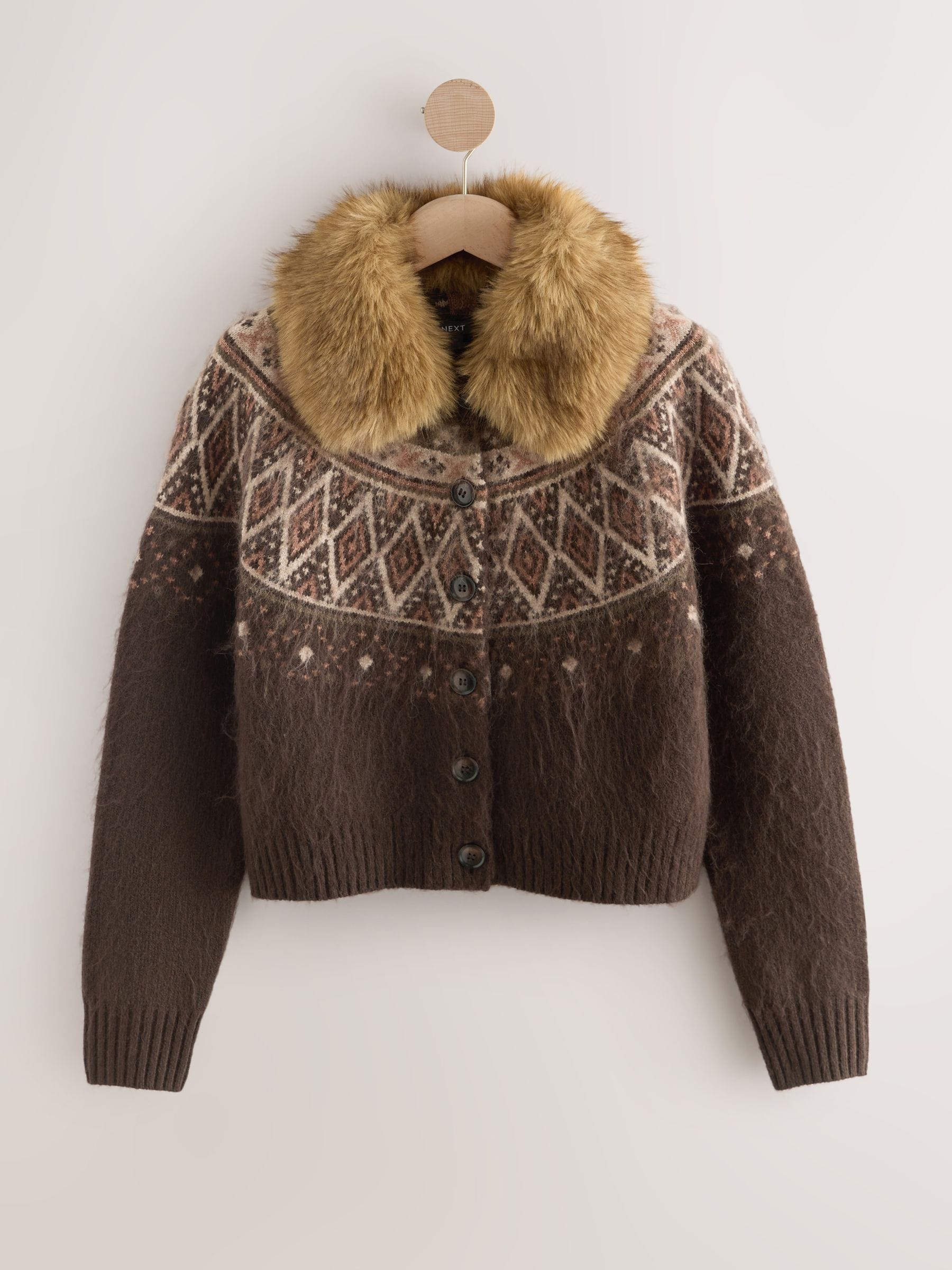 Buy Chocolate Brown Fairisle Pattern Faux Fur Collar Cardigan from
