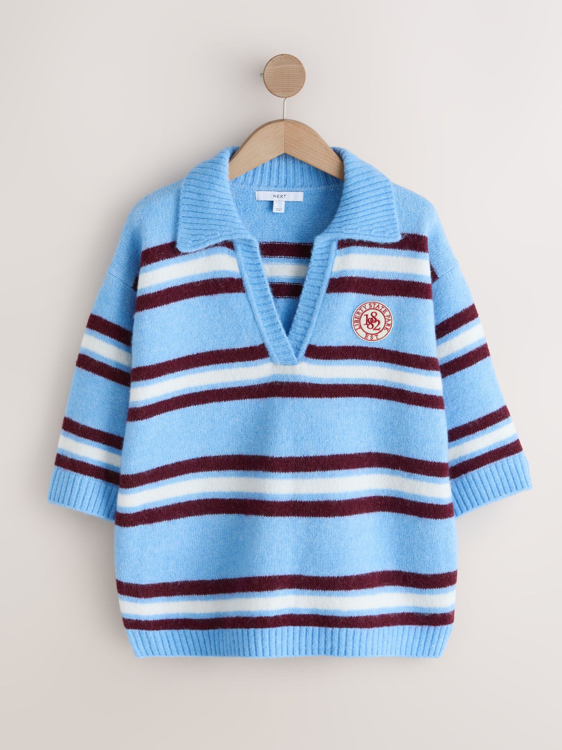 Buy Blue/Red Stripe Open Collar Polo Half Sleeve Jumper With Wool