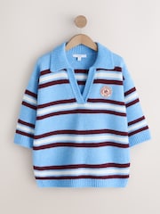 Blue/Red Stripe Open Collar Polo Half Sleeve Jumper With Wool - Image 7 of 9
