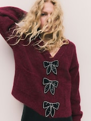Jagodno rdeča - Bow Button Pocket Cardigan - Slika 1 iz 8