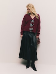 Jagodno rdeča - Bow Button Pocket Cardigan - Slika 2 iz 8