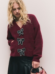 Jagodno rdeča - Bow Button Pocket Cardigan - Slika 3 iz 8