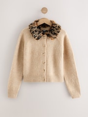 Ecru/Leopard Print Faux Fur Collar Cardigan - Image 1 of 3