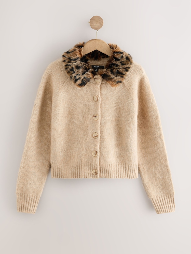Ecru/Leopard Print Faux Fur Collar Cardigan - Image 1 of 3