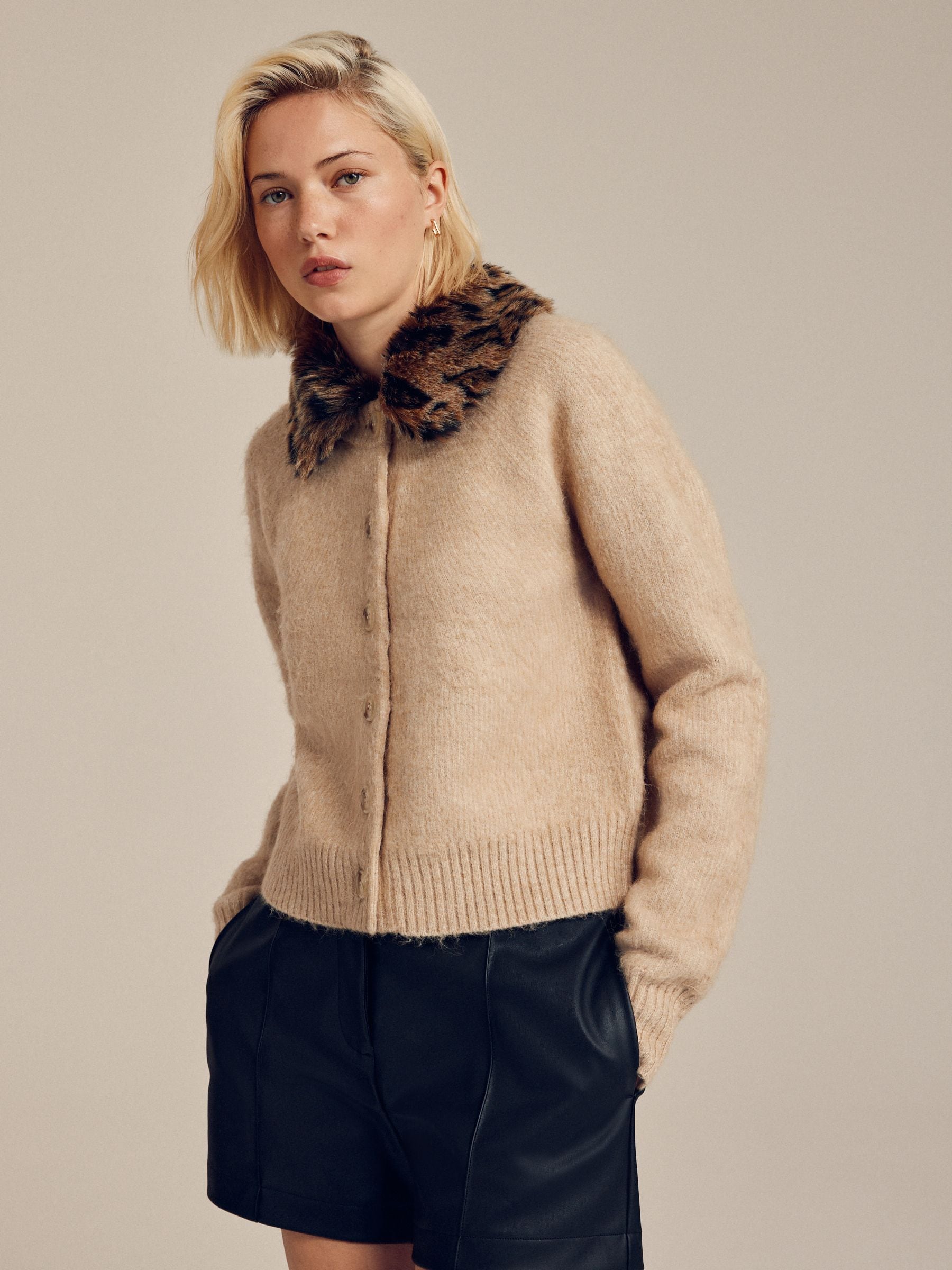 Buy Ecru/Leopard Print Faux Fur Collar Cardigan from Next USA