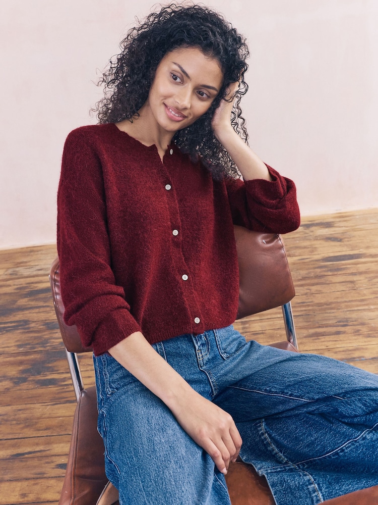 Berry Red Soft Touch Crew Neck Knitted Cardigan With Wool - Image 1 of 8