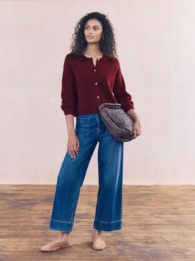 Berry Red Soft Touch Crew Neck Knitted Cardigan With Wool - Image 2 of 8